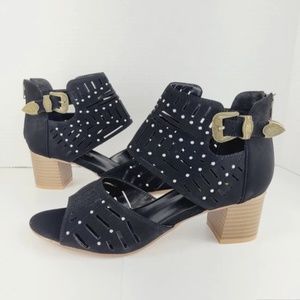 Jolimall Black Die Cut Studs Ankle Bootie, Open Toe, Western Buckle, New